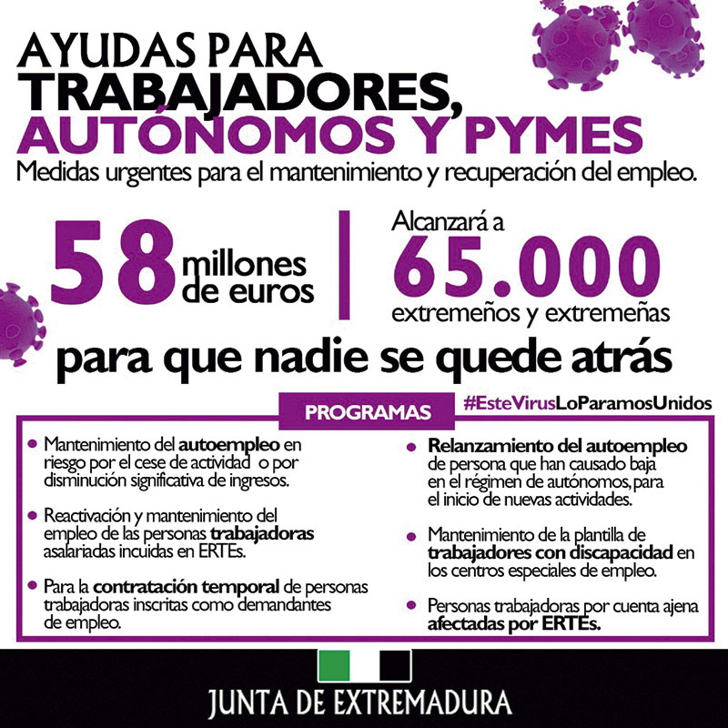 La Junta de Extremadura destina 58 millones de euros para mantener y recuperar el empleo frente a la Covid-19. Grada 146. Sexpe