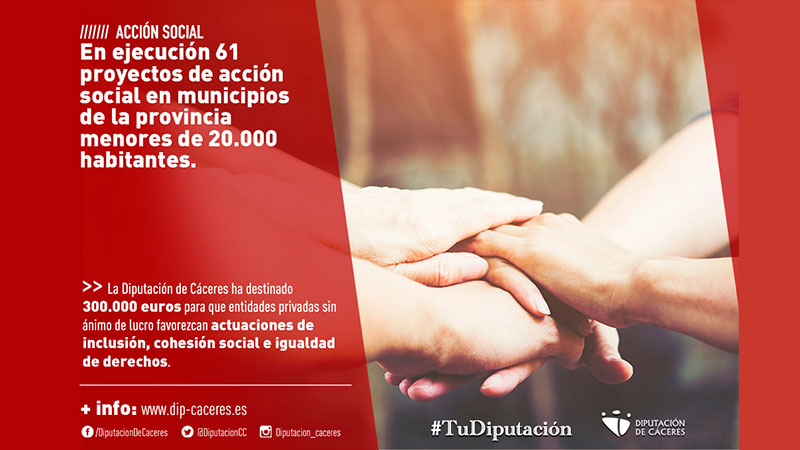 La Diputación de Cáceres financia 61 proyectos de acción social en municipios menores de 20.000 habitantes