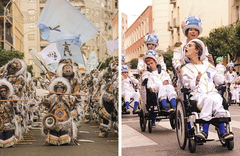 A la izquierda, la comparsa 'El Vaivén'. A la derecha, la inclusión volvió a protagonizar el desfile con la participación destacada de ‘Colorido sobre ruedas’, la comparsa de Aspaceba Badajoz-Zafra. Fotos: Iñaki Baena