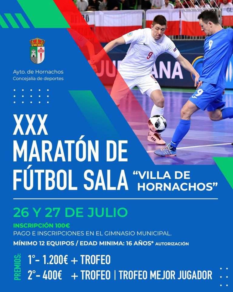 Hornachos celebra los días 26 y 27 de julio la XXX Maratón de fútbol sala 'Villa de Hornachos', con 1.200 euros para el equipo campeón