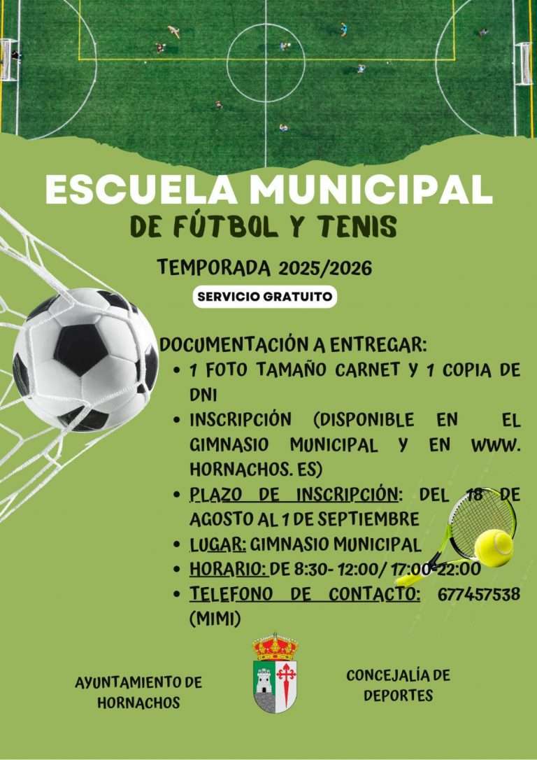 El lunes se cierra el plazo de las inscripciones en la Escuela Municipal de Fútbol y Tenis de Hornachos para la temporada 2025/2026