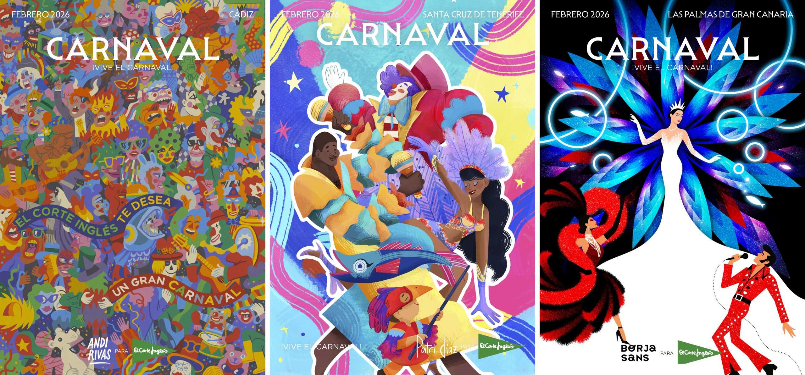 El Corte Inglés celebra el Carnaval reinterpretando los carteles de Badajoz, Cádiz, Santa Cruz de Tenerife y Las Palmas de Gran Canaria