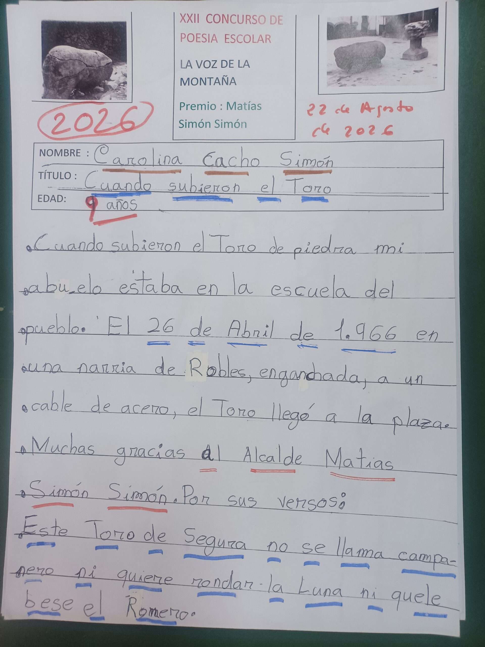 XXIII Certamen de Poesía Escolar 'La Voz de la Montaña' (Valle del Ambroz- Segura del Toro). Premio Matías Simón Simón- María Inés Villares Blázquez