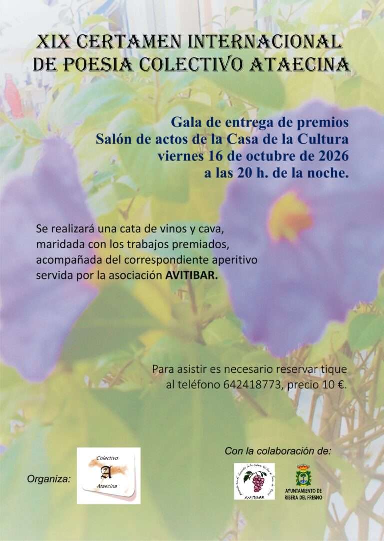 Ribera del Fresno celebrará la gala del XIX Certamen Internacional de Poesía Colectivo Ataecina con una cata de vinos y cava